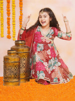 Thumbnail for Girls Maroon Multi Printed Angrakha Kurta with Sharara & Dupatta - Bhama - Distacart