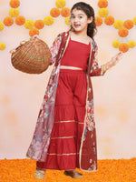 Thumbnail for Girls Maroon Cami Saharara with Floral printed shrug - Bhama - Distacart