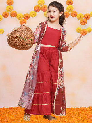 Girls Maroon Cami Saharara with Floral printed shrug - Bhama - Distacart