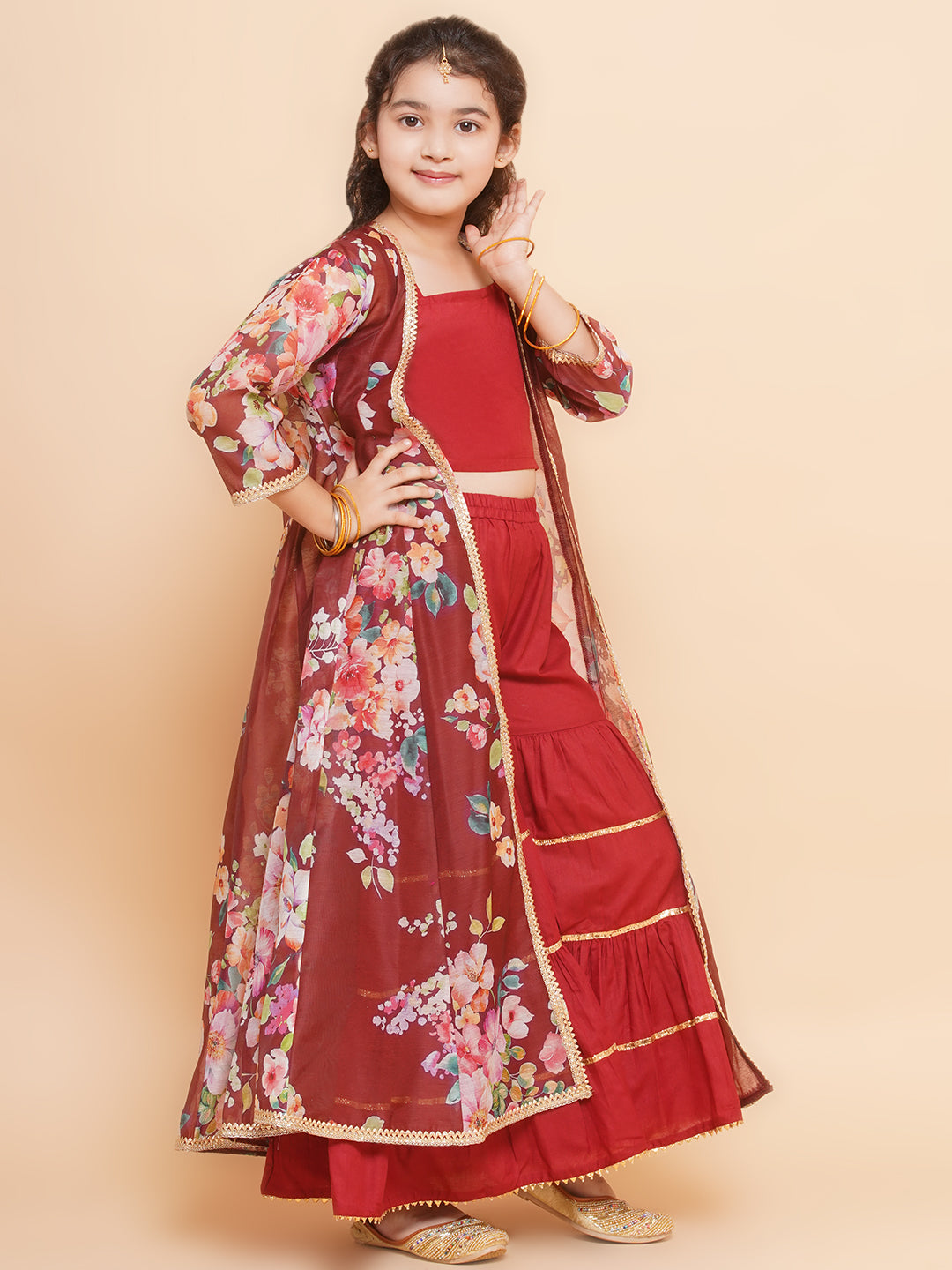 Girls Maroon Cami Saharara with Floral printed shrug - Bhama - Distacart