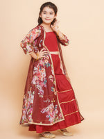 Thumbnail for Girls Maroon Cami Saharara with Floral printed shrug - Bhama - Distacart