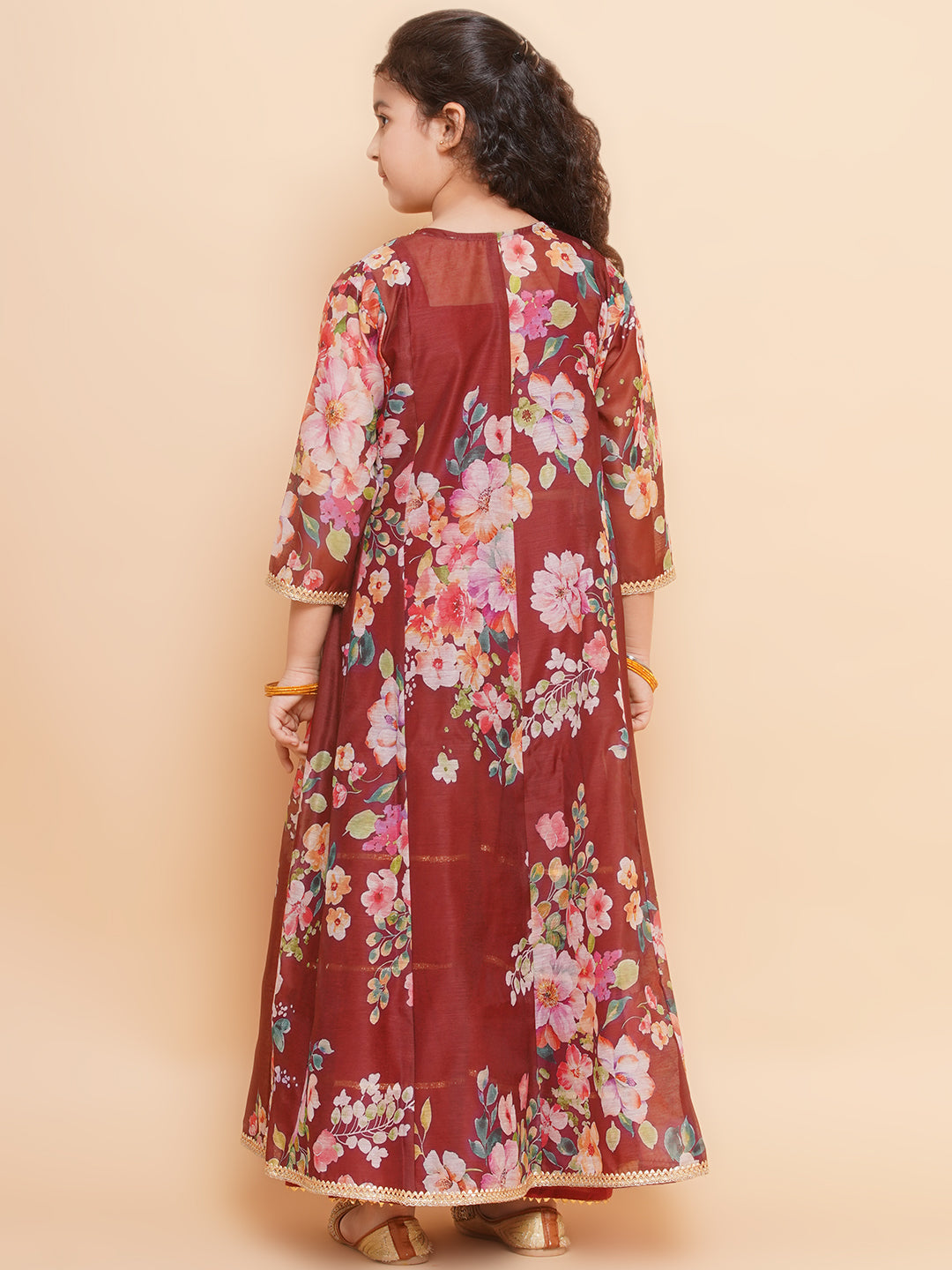 Girls Maroon Cami Saharara with Floral printed shrug - Bhama - Distacart