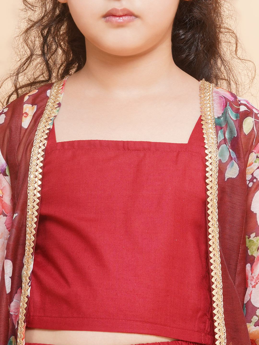 Girls Maroon Cami Saharara with Floral printed shrug - Bhama - Distacart
