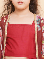 Thumbnail for Girls Maroon Cami Saharara with Floral printed shrug - Bhama - Distacart