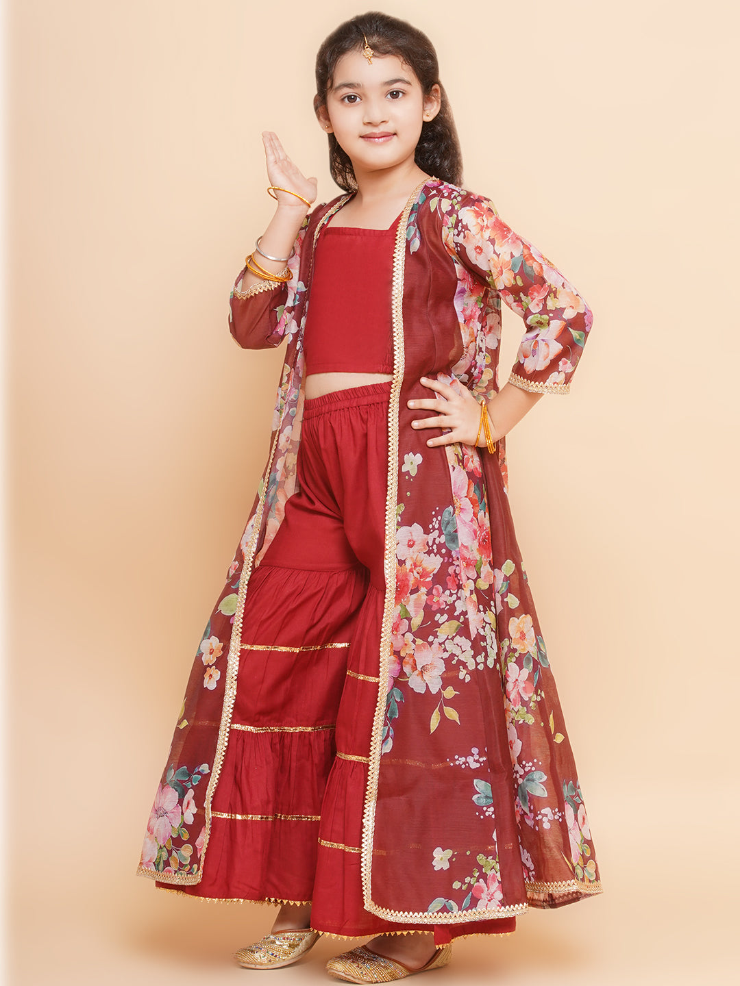 Girls Maroon Cami Saharara with Floral printed shrug - Bhama - Distacart