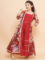 Thumbnail for Girls Maroon Cami Saharara with Floral printed shrug - Bhama - Distacart