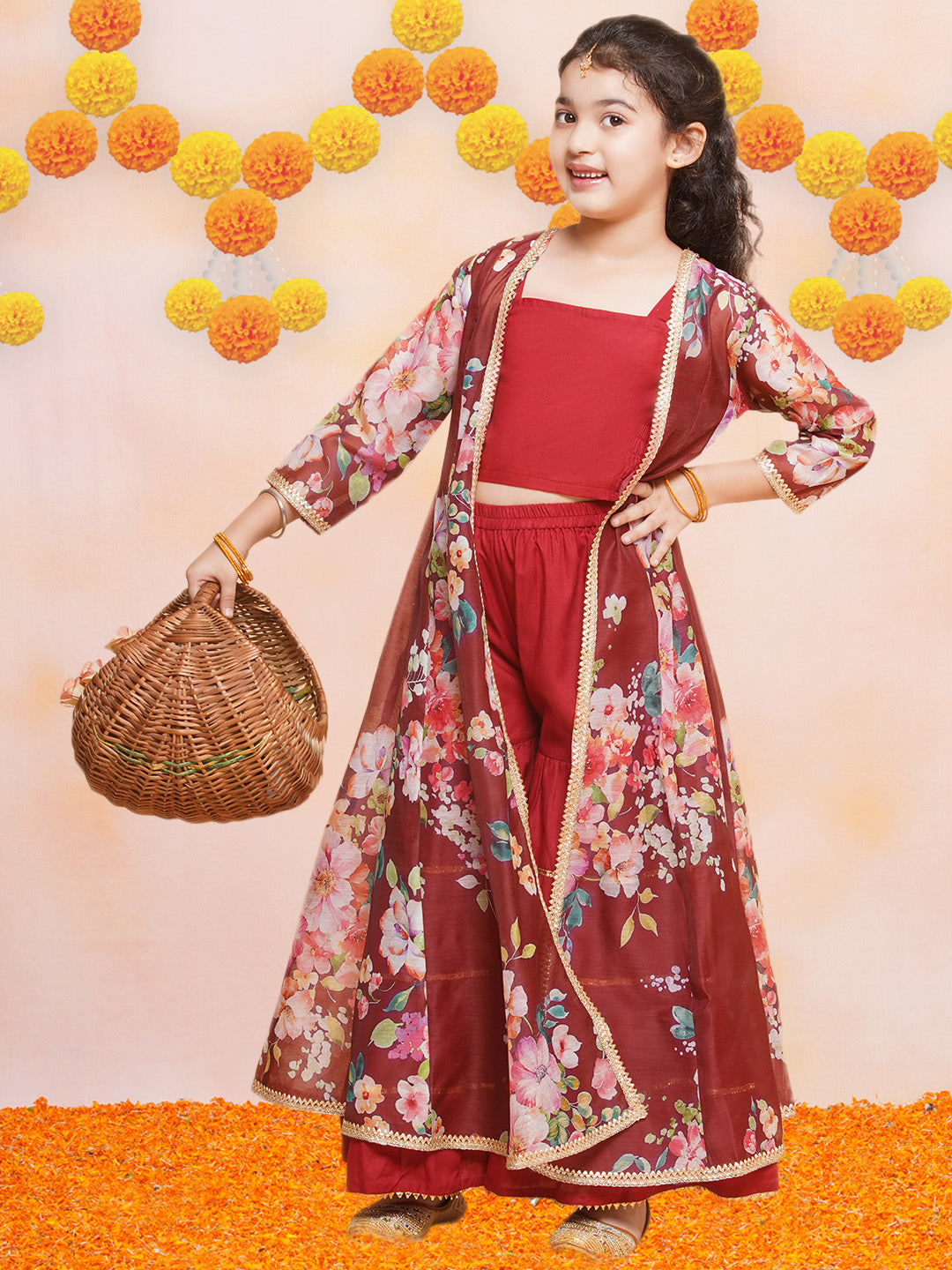 Girls Maroon Cami Saharara with Floral printed shrug - Bhama - Distacart