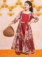 Thumbnail for Girls Maroon Cami Saharara with Floral printed shrug - Bhama - Distacart