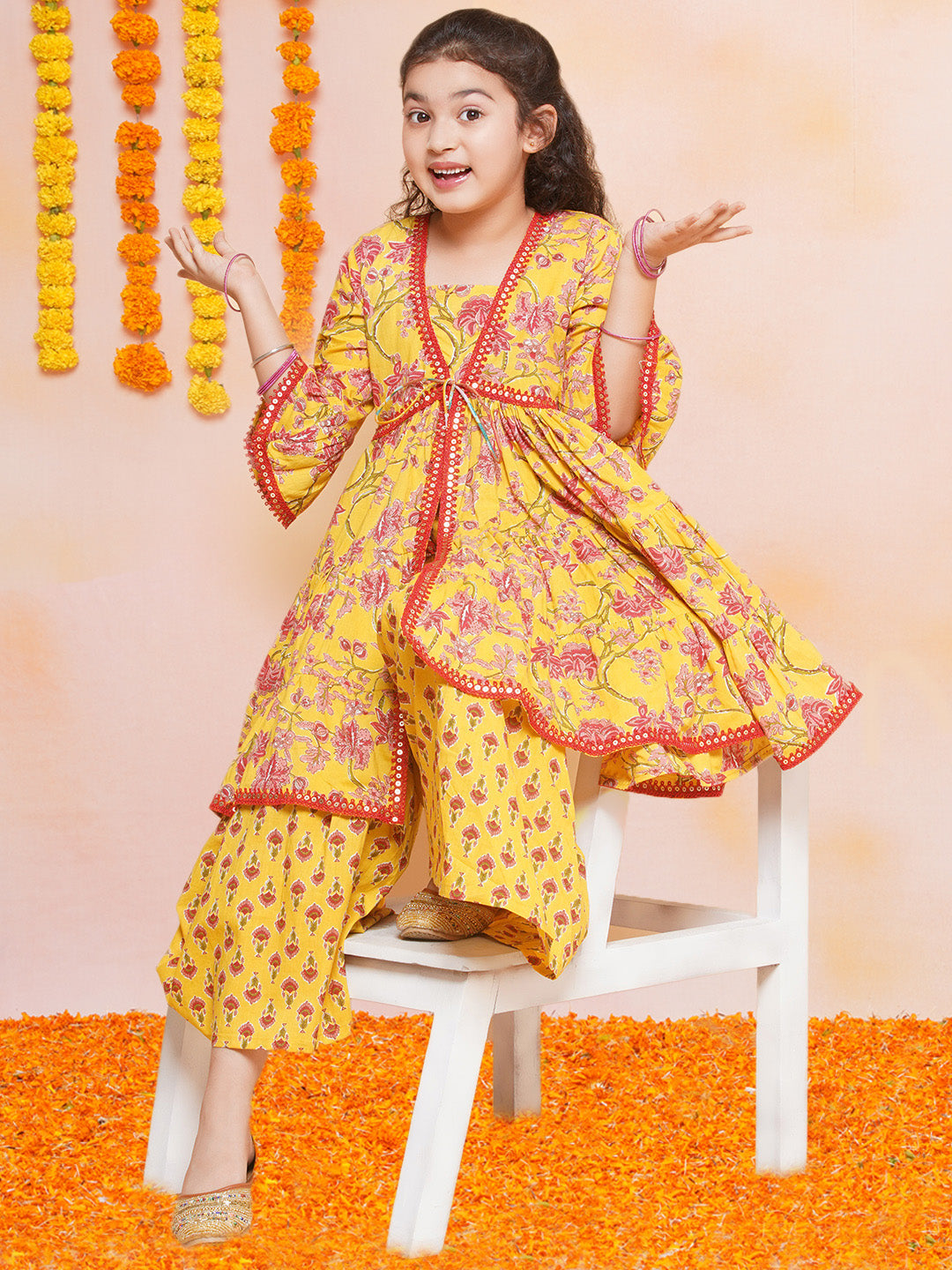 Girls Yellow Printed V- Neck Kurta with Sharara for Kids - Bhama - Distacart