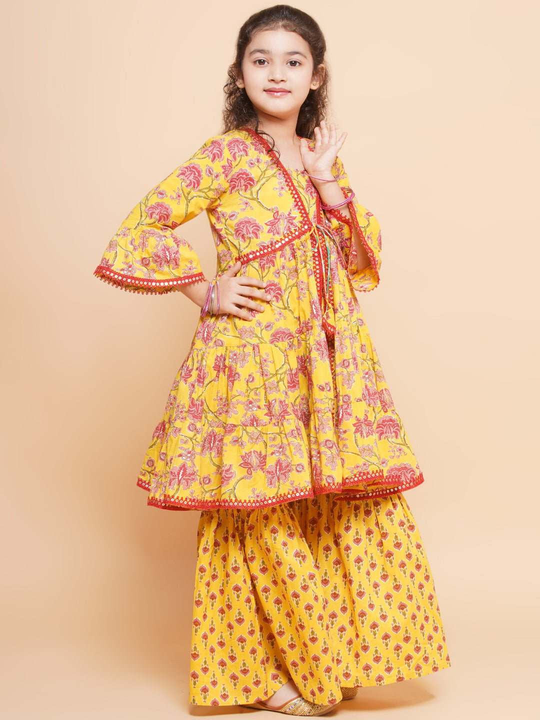 Girls Yellow Printed V- Neck Kurta with Sharara for Kids - Bhama - Distacart