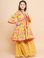 Thumbnail for Girls Yellow Printed V- Neck Kurta with Sharara for Kids - Bhama - Distacart