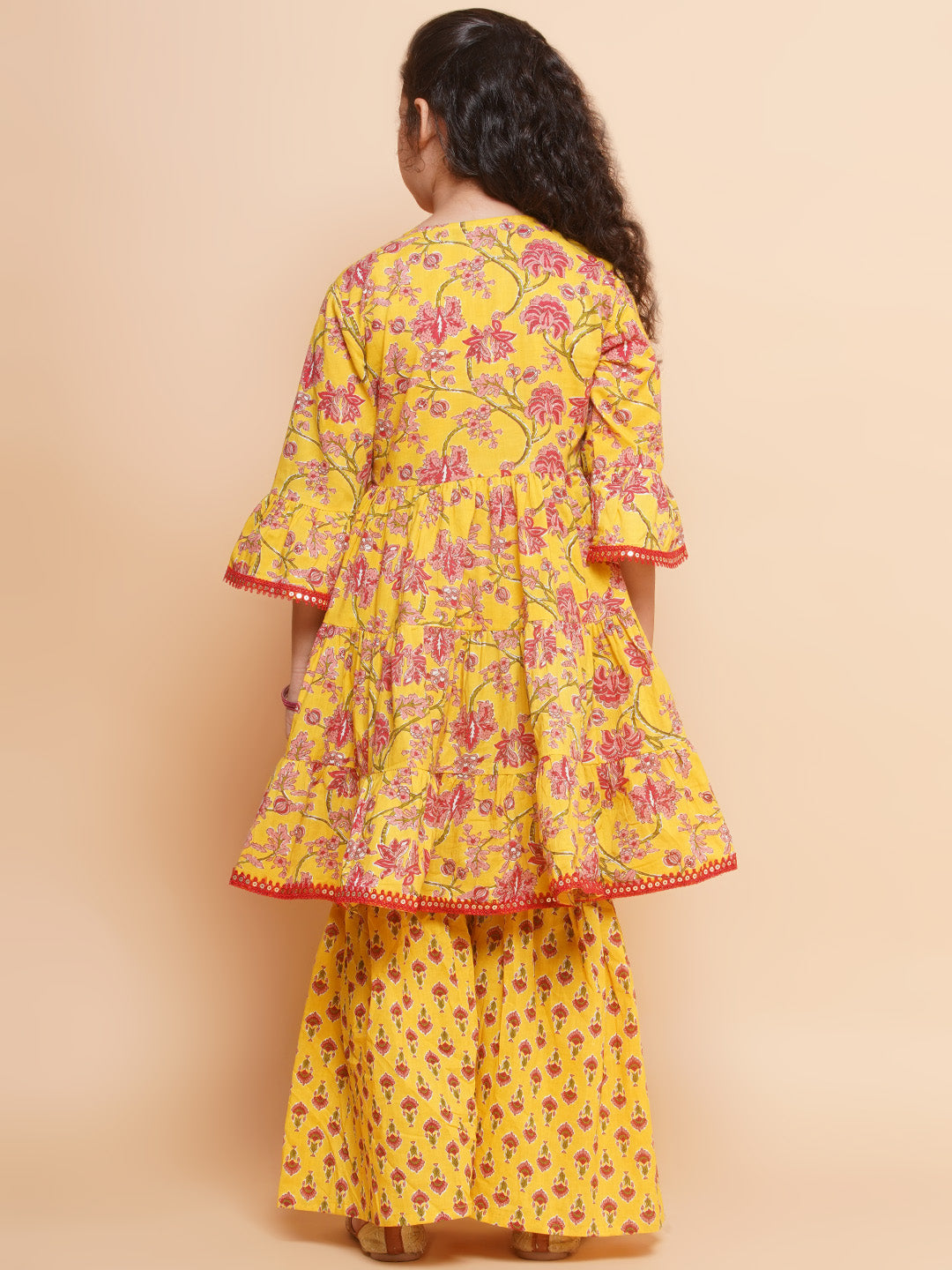 Girls Yellow Printed V- Neck Kurta with Sharara for Kids - Bhama - Distacart