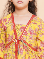 Thumbnail for Girls Yellow Printed V- Neck Kurta with Sharara for Kids - Bhama - Distacart