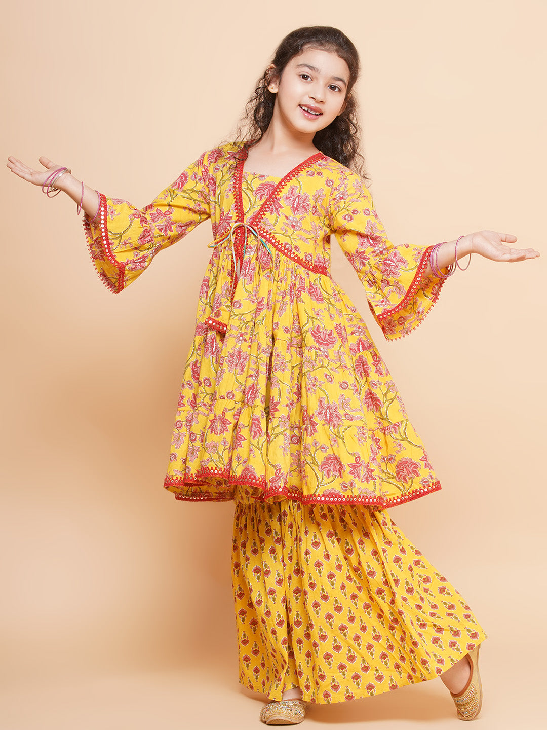 Girls Yellow Printed V- Neck Kurta with Sharara for Kids - Bhama - Distacart