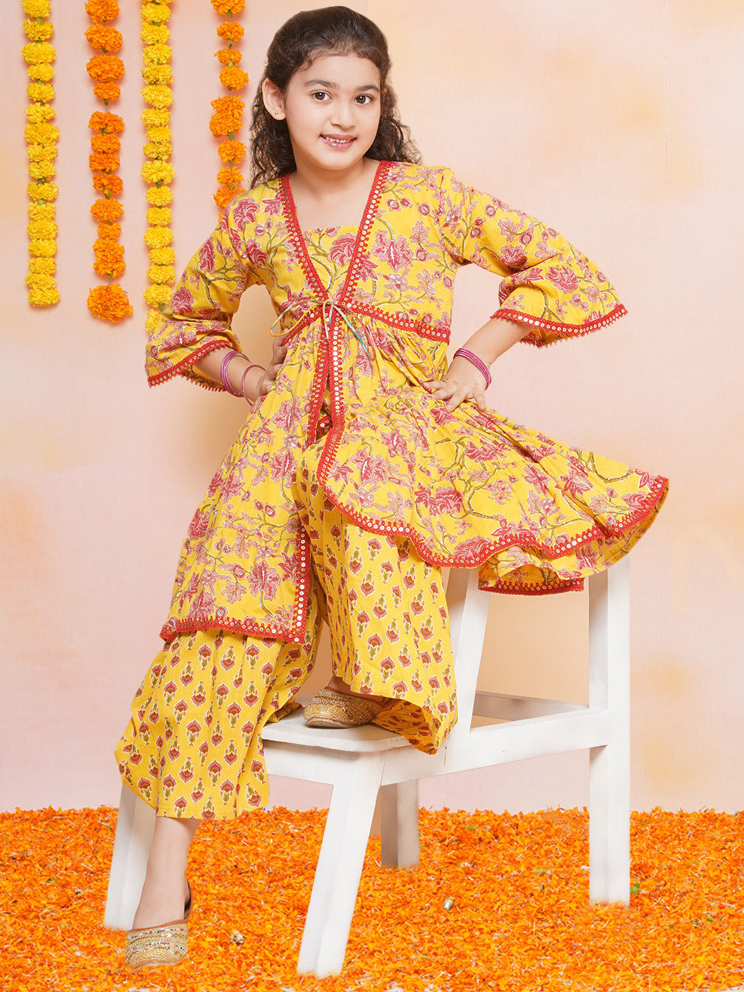 Girls Yellow Printed V- Neck Kurta with Sharara for Kids - Bhama - Distacart