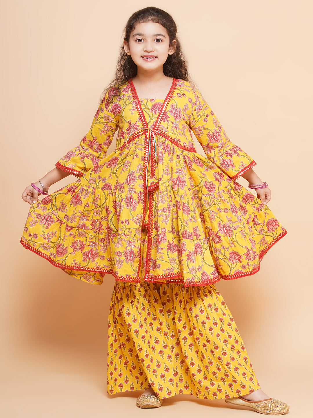 Girls Yellow Printed V- Neck Kurta with Sharara for Kids - Bhama - Distacart