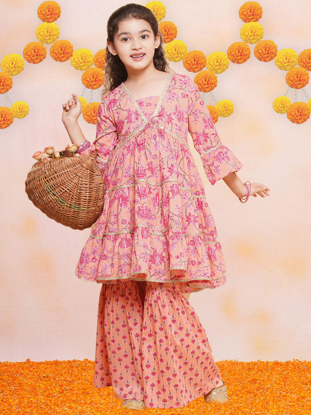 Girls Peach Printed V- Neck Kurta with Sharara for Kids - Bhama - Distacart