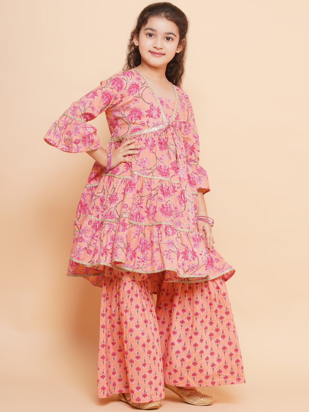 Girls Peach Printed V- Neck Kurta with Sharara for Kids - Bhama - Distacart