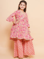 Thumbnail for Girls Peach Printed V- Neck Kurta with Sharara for Kids - Bhama - Distacart