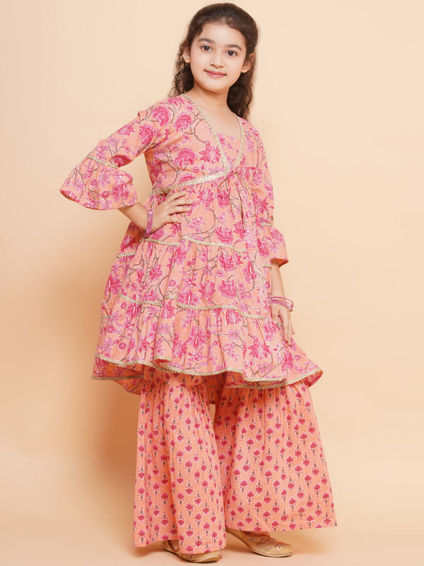 Girls Peach Printed V- Neck Kurta with Sharara for Kids - Bhama - Distacart