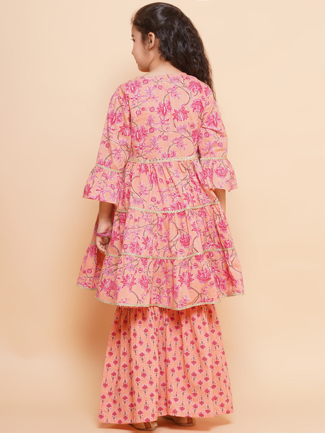 Girls Peach Printed V- Neck Kurta with Sharara for Kids - Bhama - Distacart