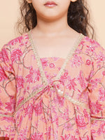 Thumbnail for Girls Peach Printed V- Neck Kurta with Sharara for Kids - Bhama - Distacart