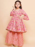 Thumbnail for Girls Peach Printed V- Neck Kurta with Sharara for Kids - Bhama - Distacart