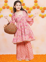 Thumbnail for Girls Peach Printed V- Neck Kurta with Sharara for Kids - Bhama - Distacart