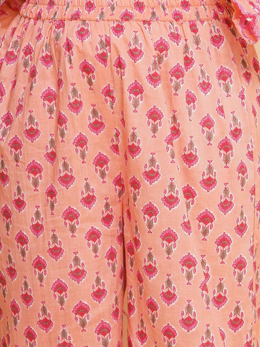 Girls Peach Printed V- Neck Kurta with Sharara for Kids - Bhama - Distacart