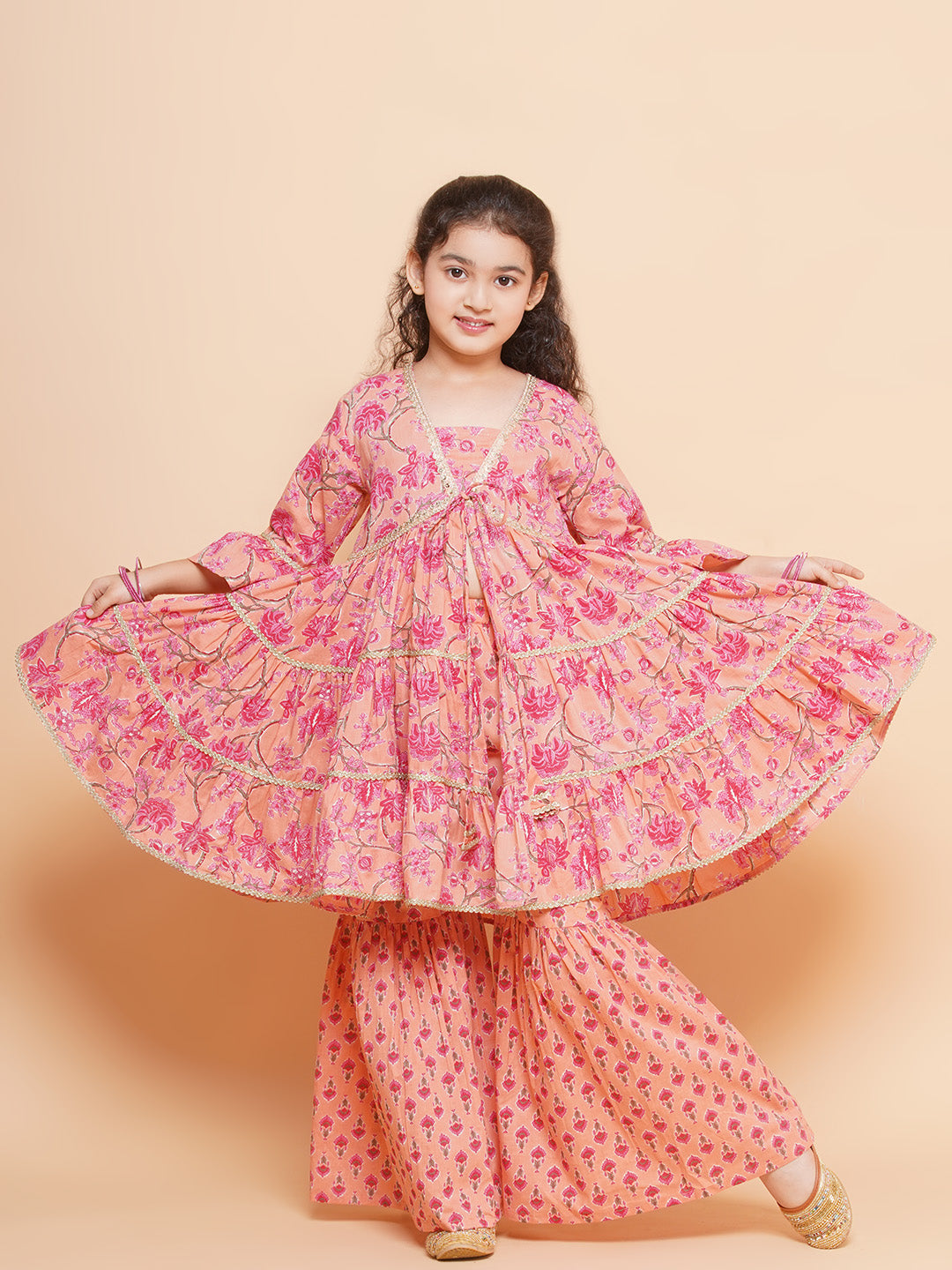 Girls Peach Printed V- Neck Kurta with Sharara for Kids - Bhama - Distacart