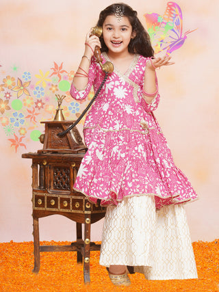 Girls Pink Printed Angrakha Tier Kurta with Sharara - Bhama - Distacart
