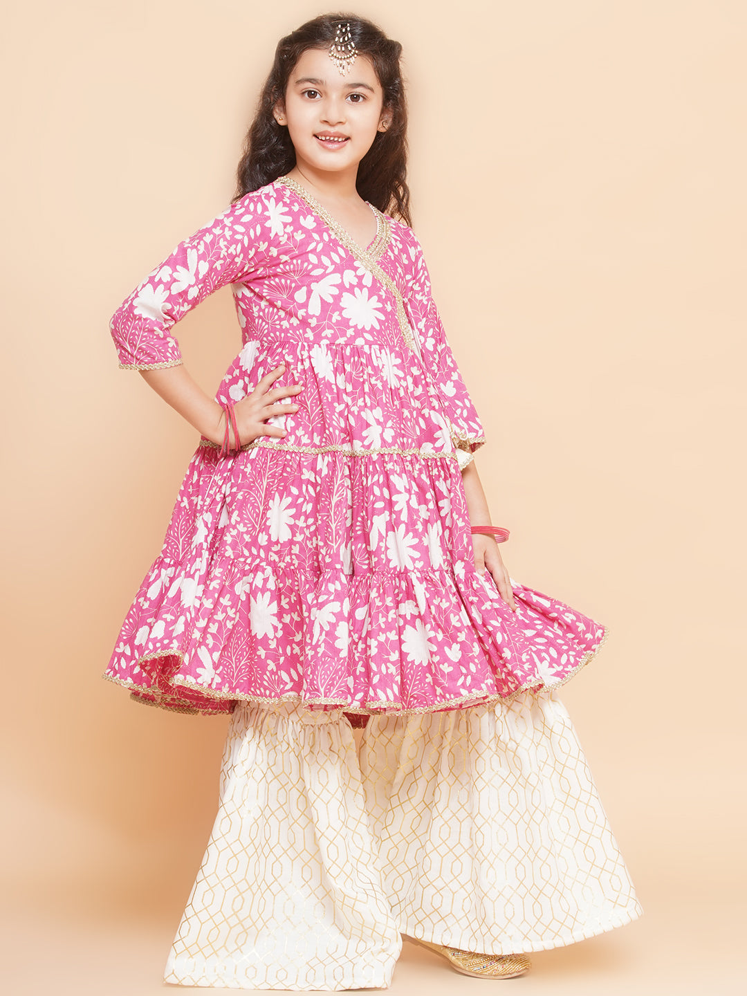 Girls Pink Printed Angrakha Tier Kurta with Sharara - Bhama - Distacart