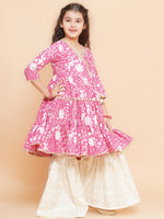 Thumbnail for Girls Pink Printed Angrakha Tier Kurta with Sharara - Bhama - Distacart