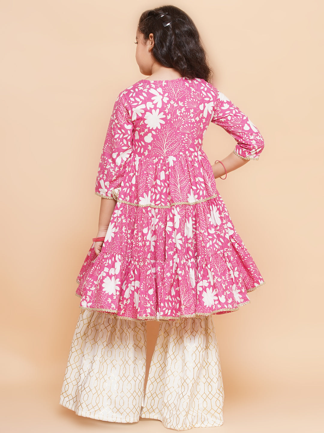 Girls Pink Printed Angrakha Tier Kurta with Sharara - Bhama - Distacart