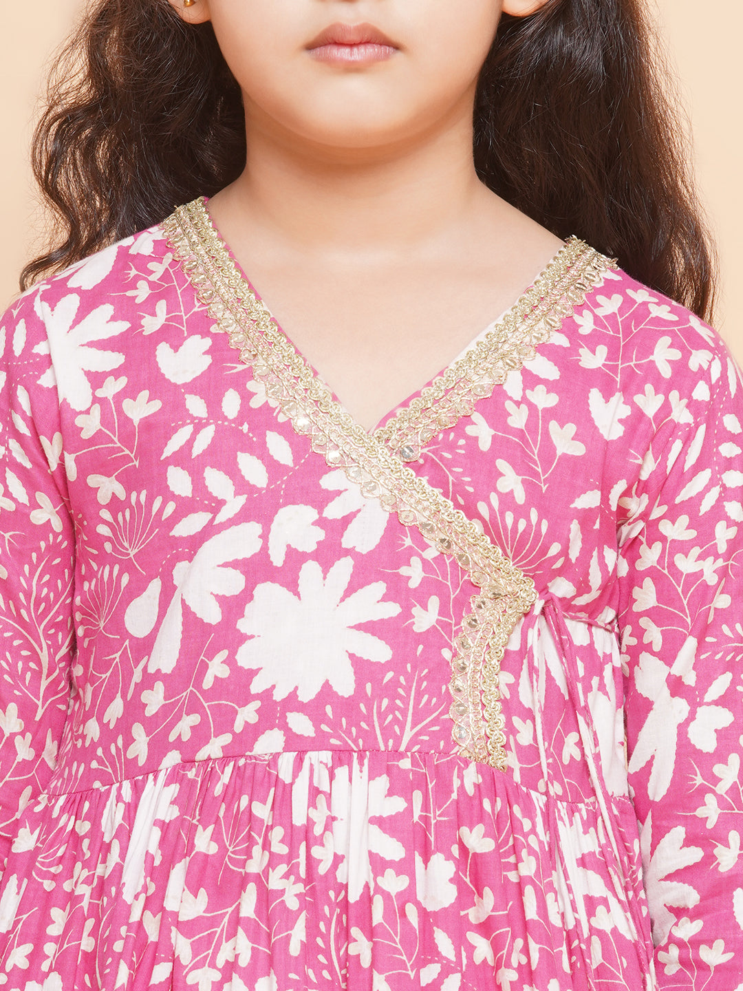 Girls Pink Printed Angrakha Tier Kurta with Sharara - Bhama - Distacart