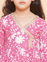 Thumbnail for Girls Pink Printed Angrakha Tier Kurta with Sharara - Bhama - Distacart
