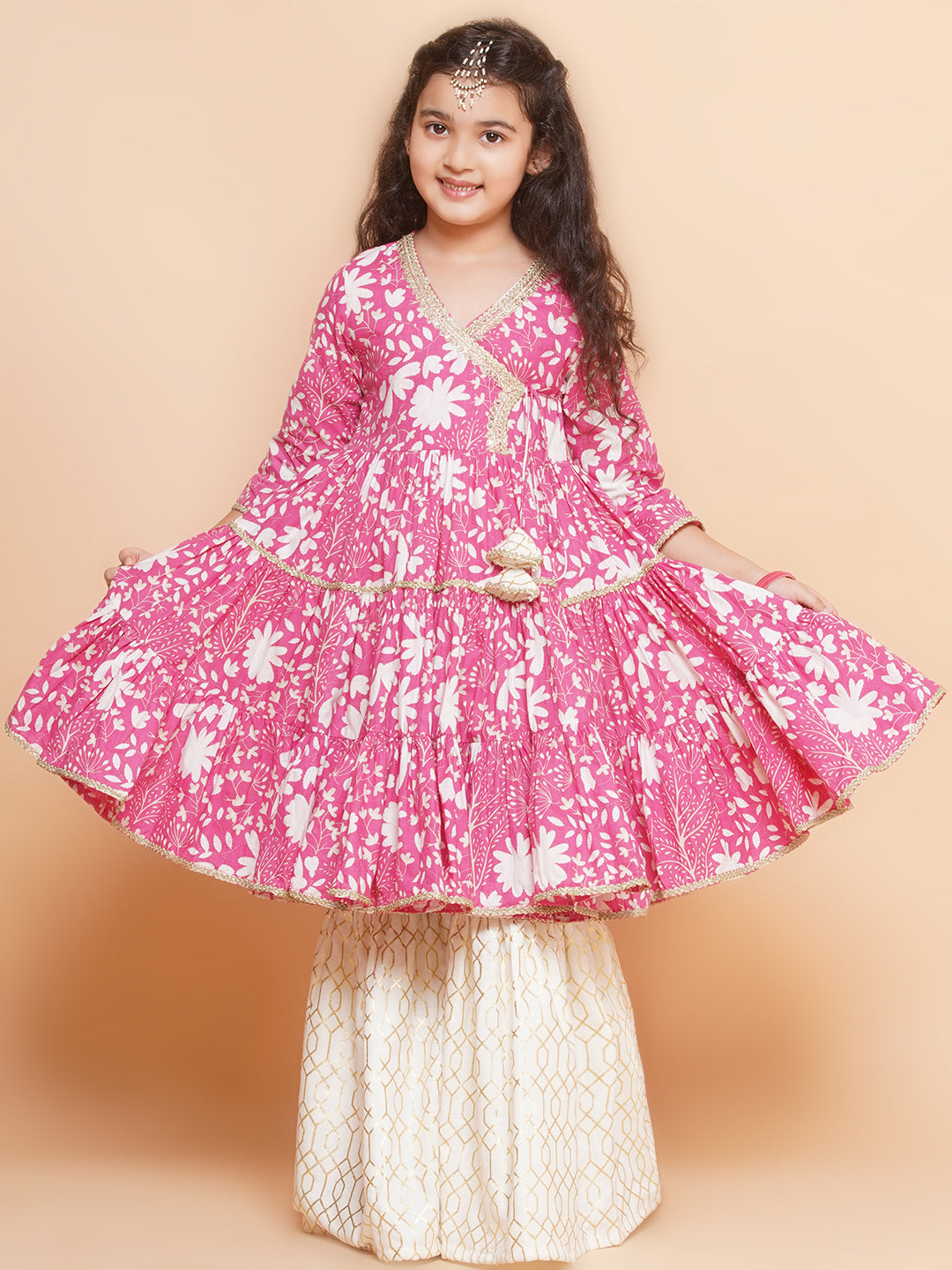 Girls Pink Printed Angrakha Tier Kurta with Sharara - Bhama - Distacart