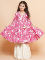 Thumbnail for Girls Pink Printed Angrakha Tier Kurta with Sharara - Bhama - Distacart