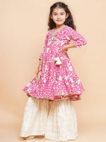 Thumbnail for Girls Pink Printed Angrakha Tier Kurta with Sharara - Bhama - Distacart