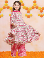 Thumbnail for Girls Off-white Pink Printed Round- Neck Kurta with Plazzo with Dupatta - Bhama - Distacart
