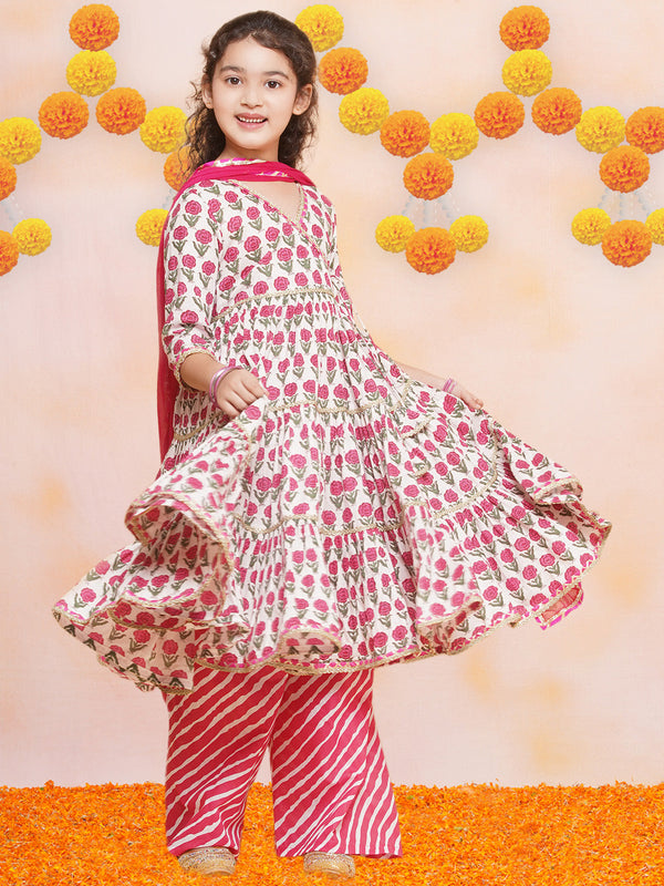 Girls Off-white Pink Printed Round- Neck Kurta with Plazzo with Dupatta - Bhama - Distacart