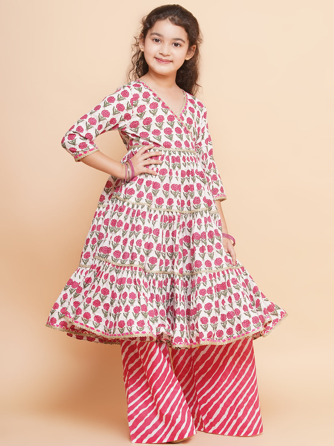 Girls Off-white Pink Printed Round- Neck Kurta with Plazzo with Dupatta - Bhama - Distacart