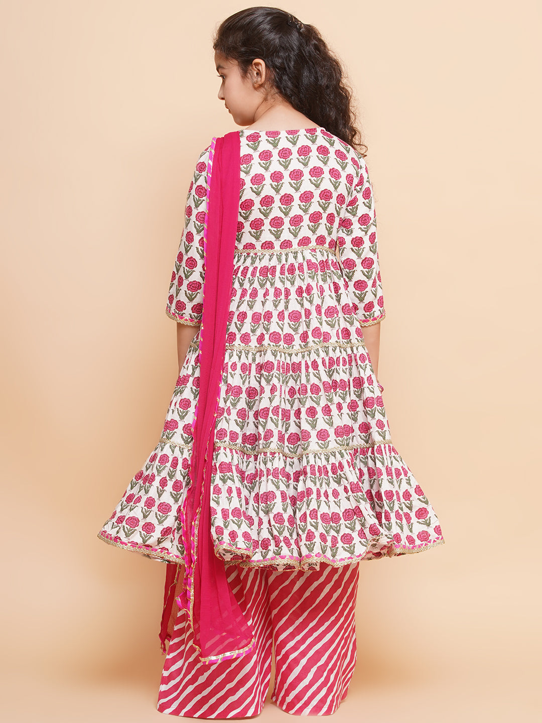Girls Off-white Pink Printed Round- Neck Kurta with Plazzo with Dupatta - Bhama - Distacart