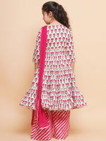 Thumbnail for Girls Off-white Pink Printed Round- Neck Kurta with Plazzo with Dupatta - Bhama - Distacart