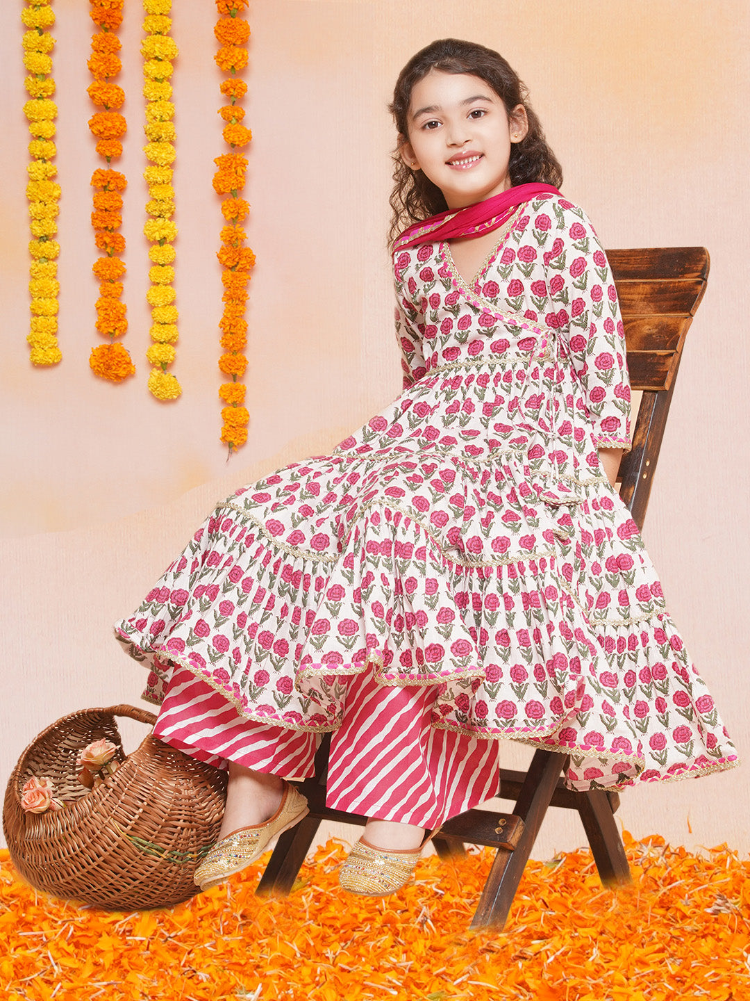 Girls Off-white Pink Printed Round- Neck Kurta with Plazzo with Dupatta - Bhama - Distacart