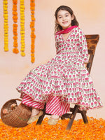Thumbnail for Girls Off-white Pink Printed Round- Neck Kurta with Plazzo with Dupatta - Bhama - Distacart