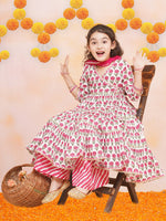 Thumbnail for Girls Off-white Pink Printed Round- Neck Kurta with Plazzo with Dupatta - Bhama - Distacart