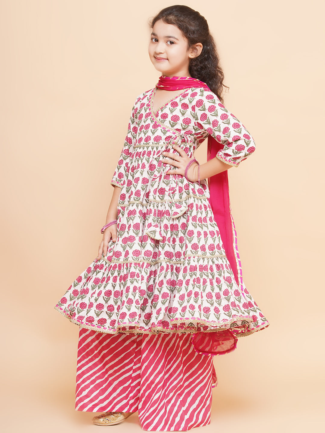 Girls Off-white Pink Printed Round- Neck Kurta with Plazzo with Dupatta - Bhama - Distacart