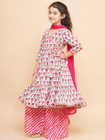 Thumbnail for Girls Off-white Pink Printed Round- Neck Kurta with Plazzo with Dupatta - Bhama - Distacart
