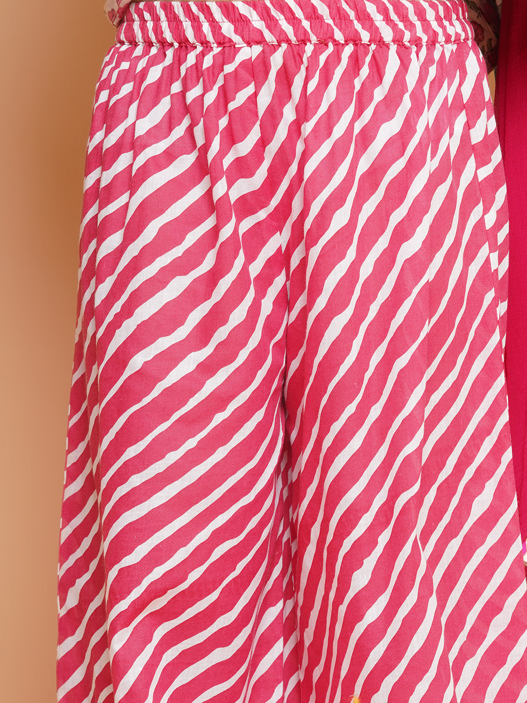 Girls Off-white Pink Printed Round- Neck Kurta with Plazzo with Dupatta - Bhama - Distacart